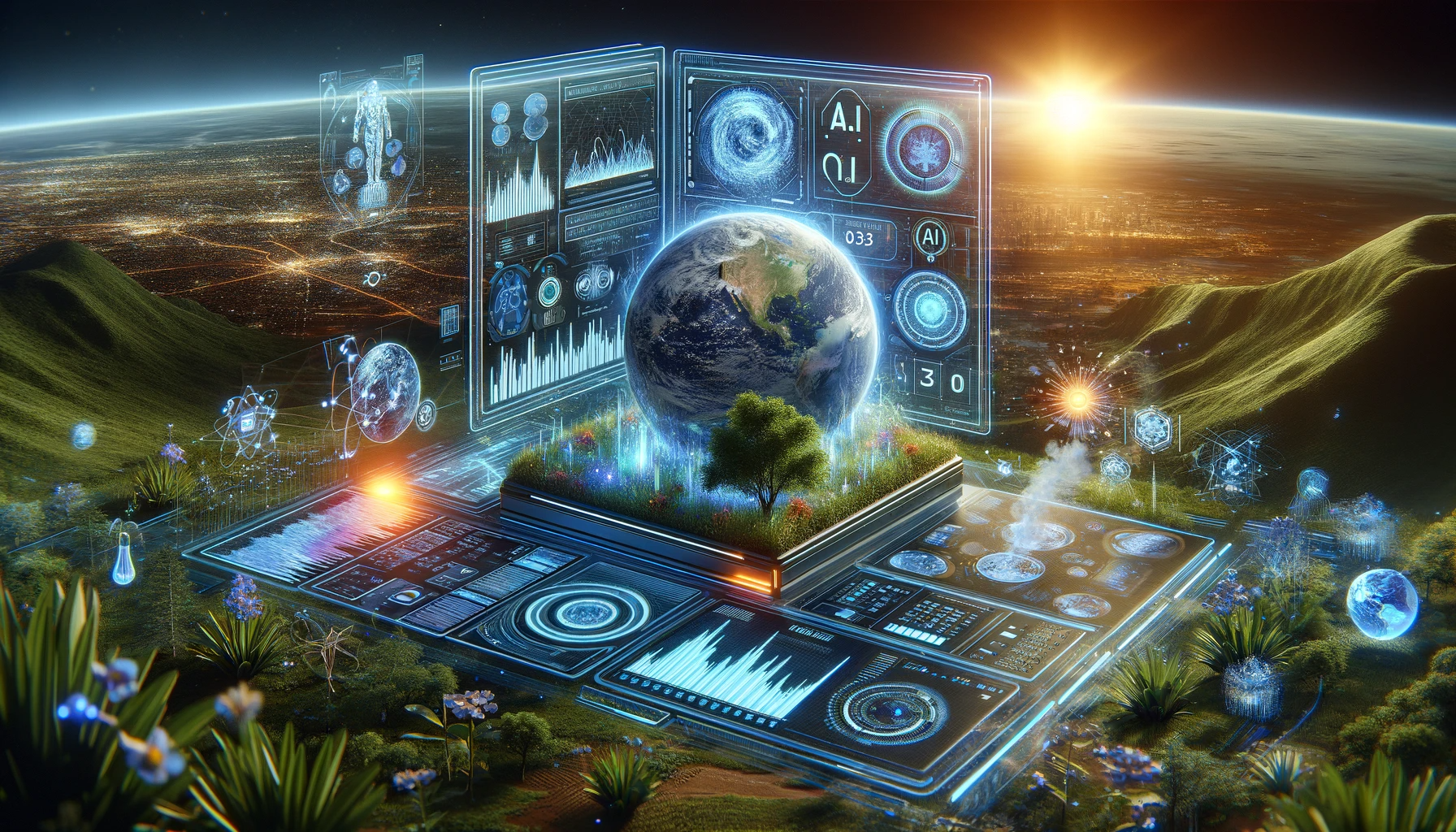 DALL·E 2023 12 12 10.35.21 A conceptual image representing AI and Climate Change. The scene shows a futuristic AI system depicted as a sleek advanced computer with glowing s