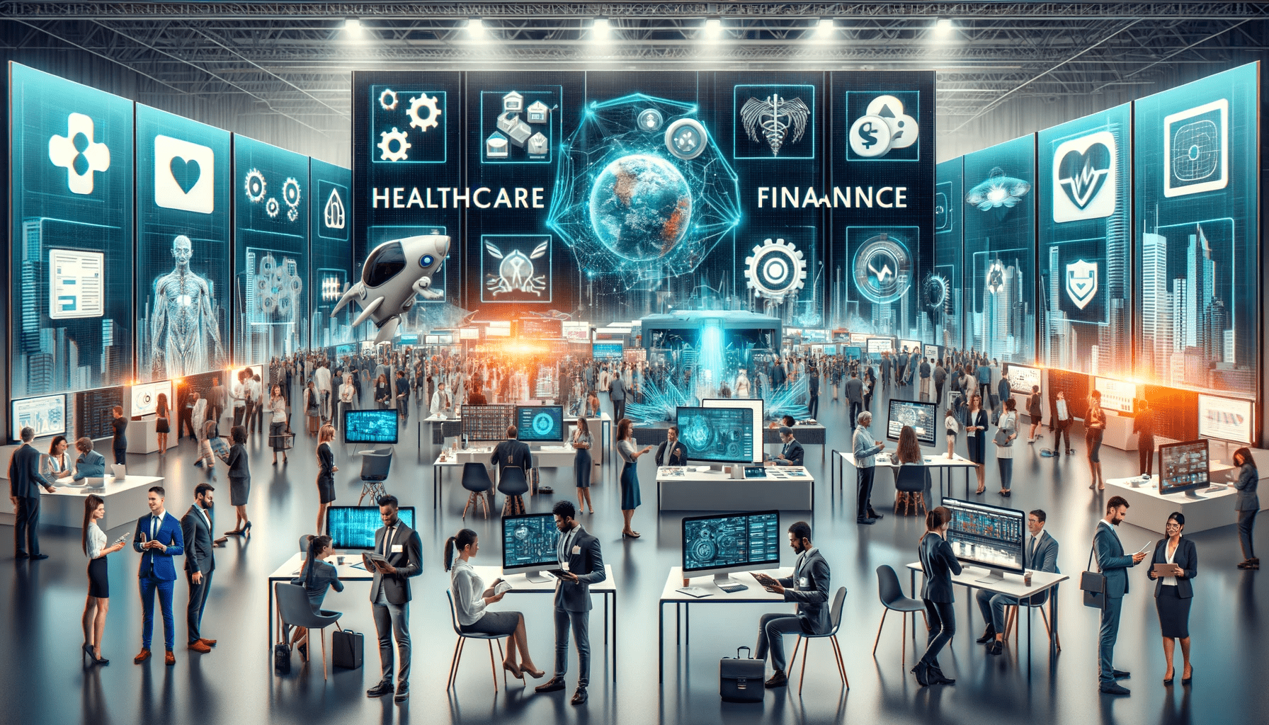 DALL·E 2023 12 26 09.22.27 A wide screen image showcasing various industries employing multiple strategies to recruit technology talent with no text. The scene includes a bustl