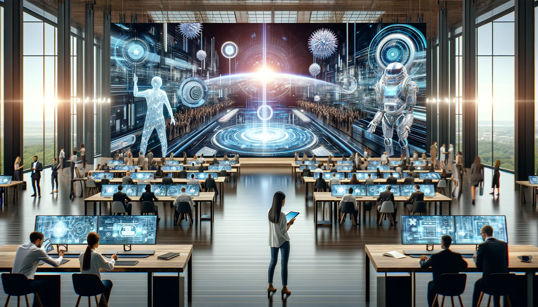 DALL·E 2023 12 26 09.35.40 A wide screen image depicting the British government using digital branding to attract technology talent with no text. The scene includes a futuristi