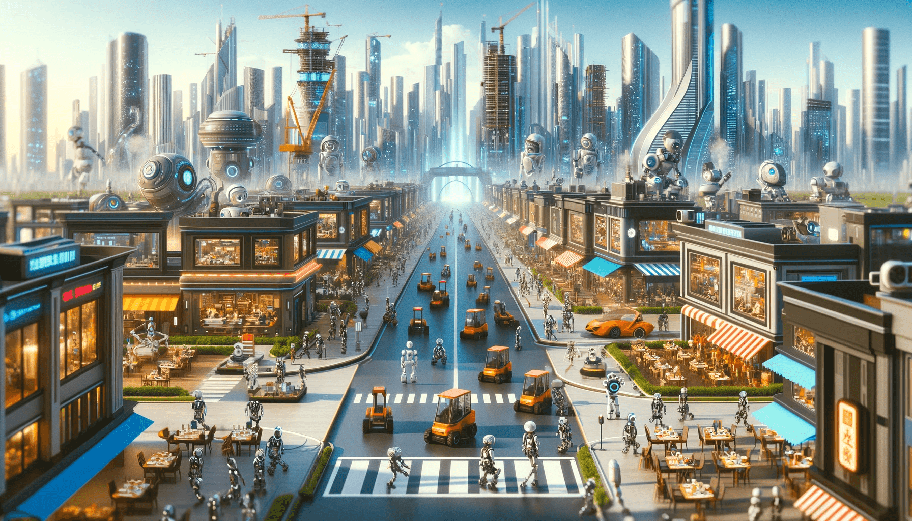 DALL·E 2023 12 28 16.10.55 A full wide screen image illustrating the theme When Labor Shortages Become the Norm without any black borders. The image depicts a bustling futuri