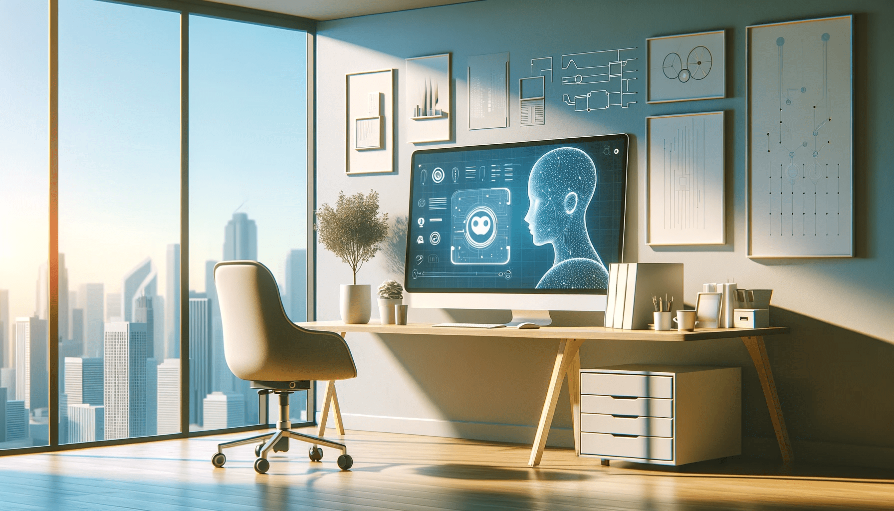 DALL·E 2023 12 28 16.27.43 A simple wide screen image illustrating the theme The Arrival of the AI Era Opportunities and Challenges for Freelancers. The image depicts a mini