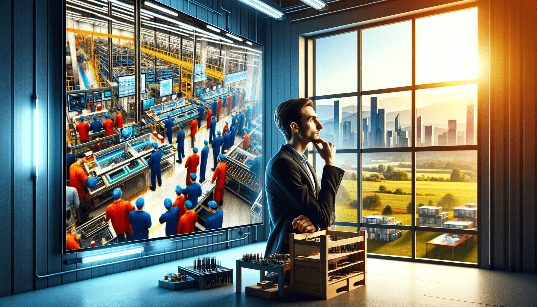 DALL·E 2024 01 15 15.05.26 A wide screen image illustrating the theme The Bittersweet Reality of Working in the Electronics Industry. The image should be simple and devoid of