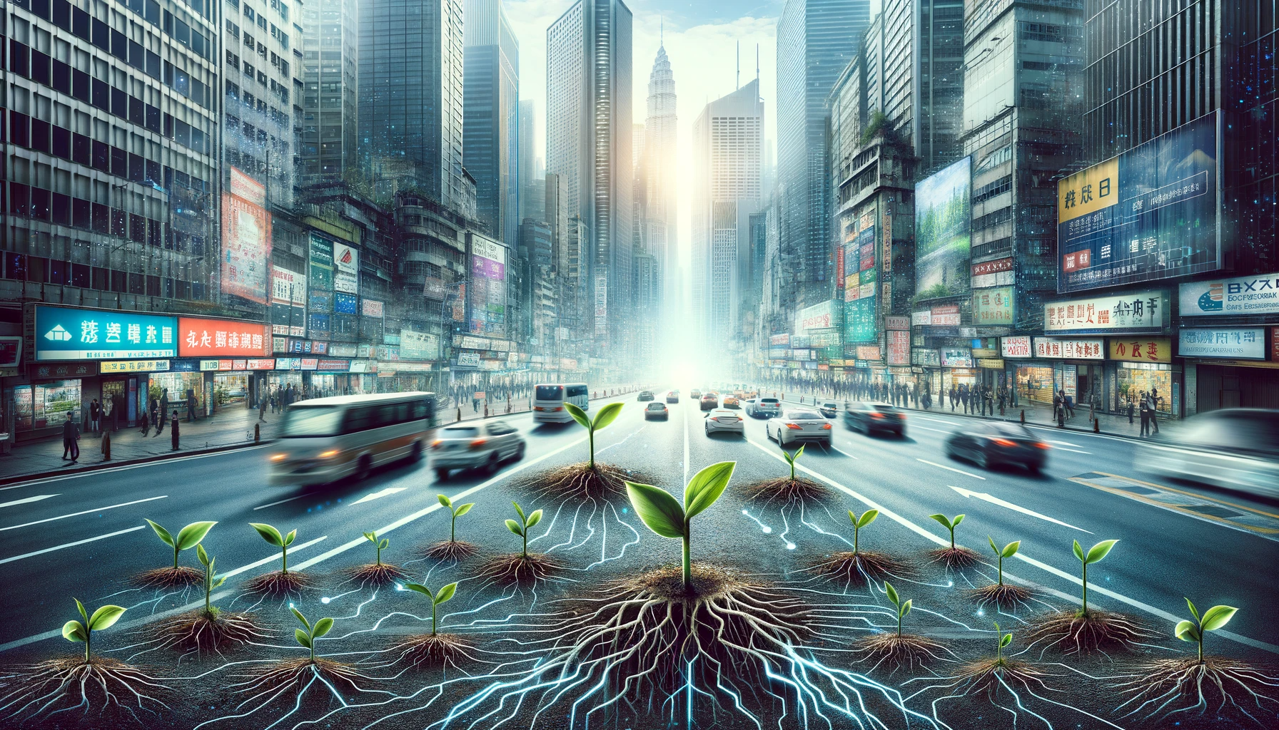 DALL·E 2024 01 15 17.46.27 A wide screen image depicting an urban street where information engineers are sprouting like plants. The scene should capture a busy city roadway wit