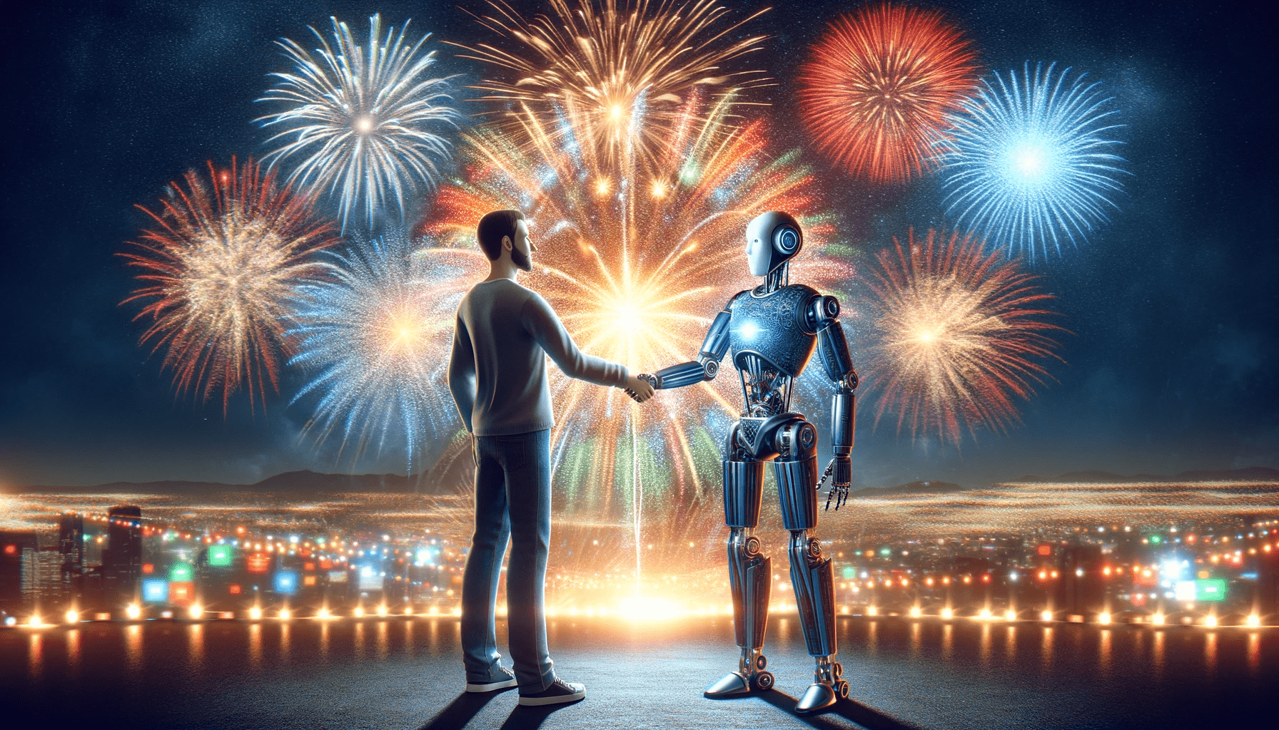 DALL·E 2024 01 19 15.27.56 A wide screen image depicting a human and a robot shaking hands with a background of New Year fireworks. The human and robot should be portrayed in a