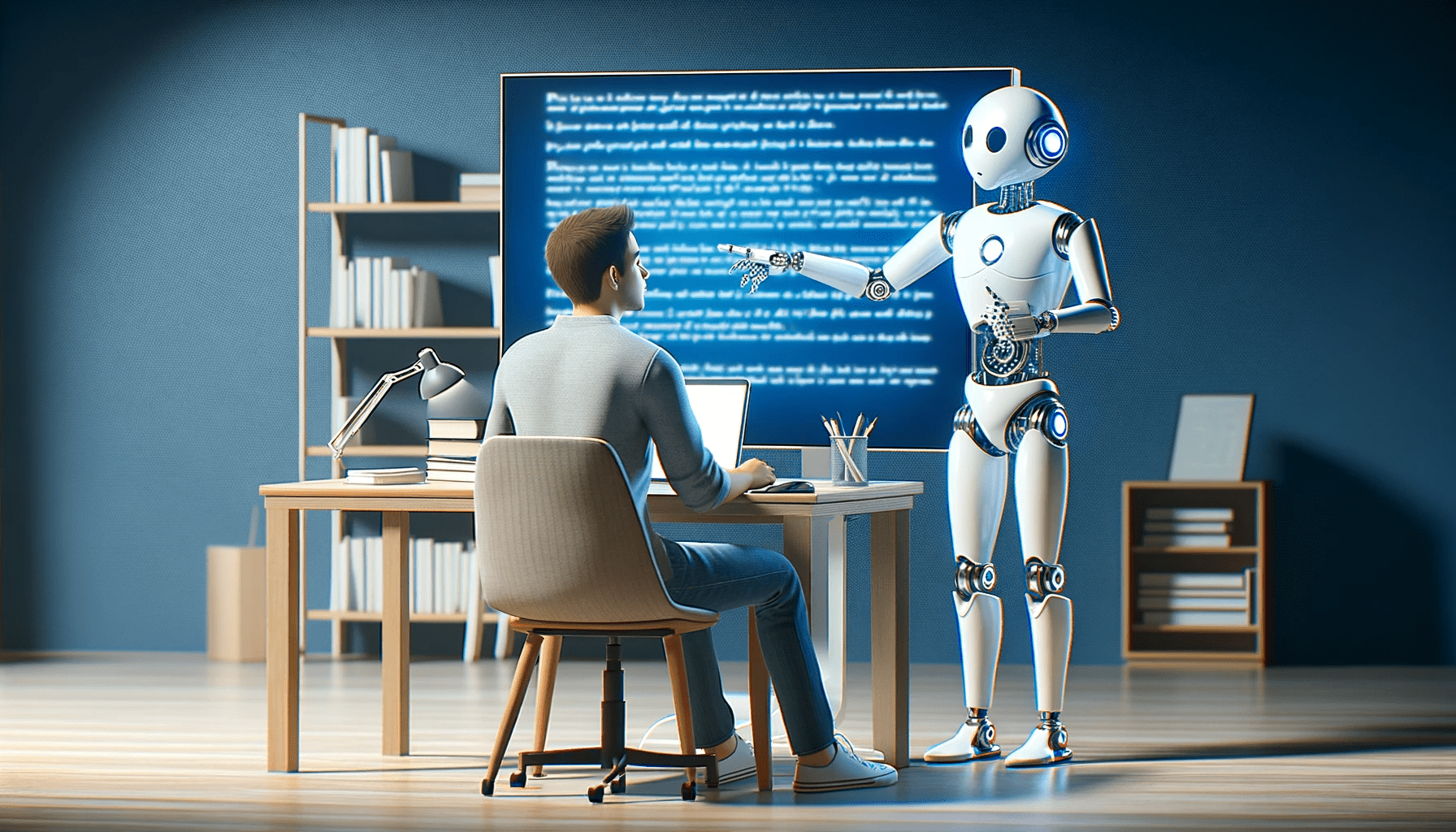 DALL·E 2024 01 19 15.57.56 A wide screen image depicting a graduate student writing a thesis with a robot beside them offering very practical advice without any text. The stud