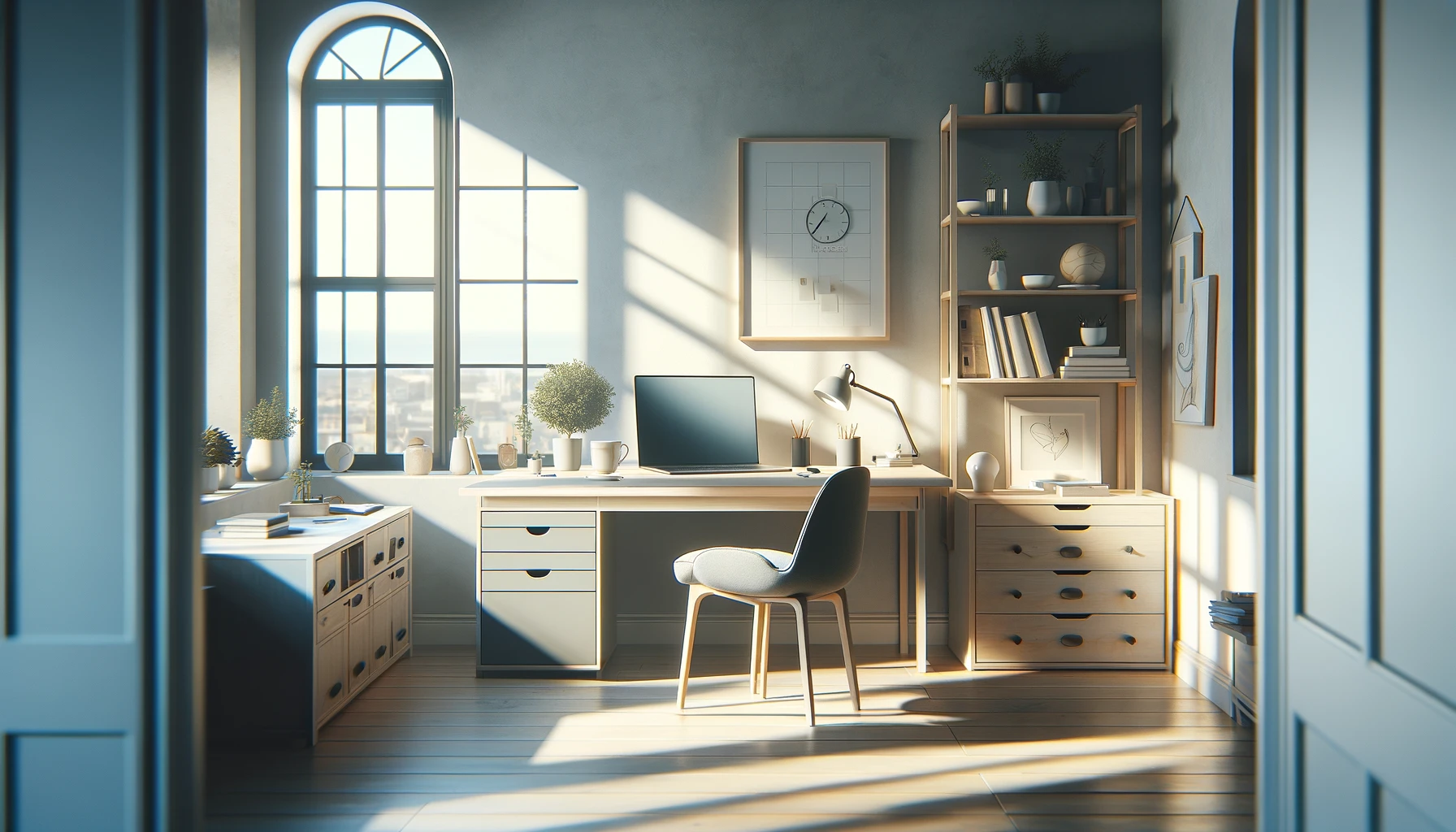 DALL·E 2024 02 05 12.59.48 Create a widescreen image that encapsulates the concept of remote work focusing on simplicity in design. Visualize a serene minimalist home office s