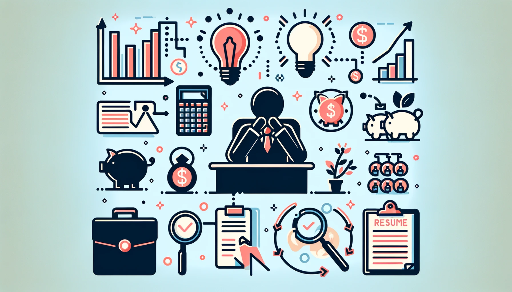 DALL·E 2024 02 05 14.11.30 Create a widescreen image in the Flaticon style that illustrates the preparations one should make before resigning from a job. Visualize a series of s