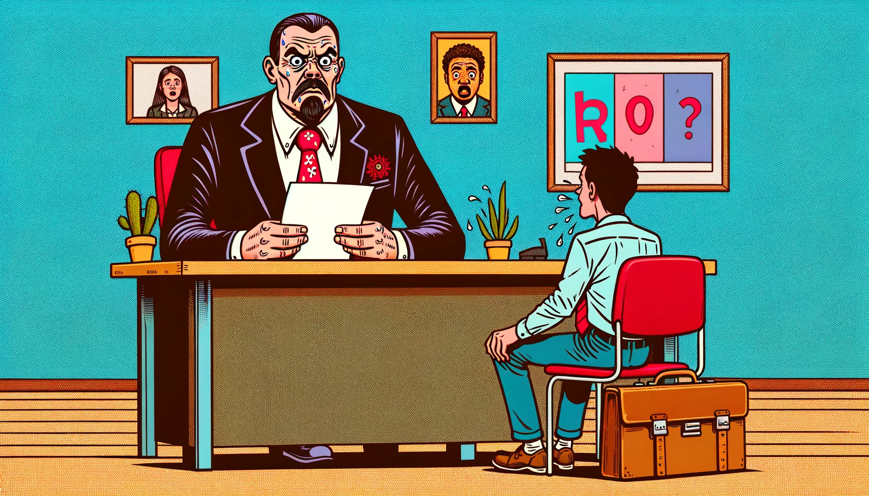 DALL·E 2024 02 05 14.26.39 Create a widescreen image in a fun comic style that shows a one on one job interview where the interviewer looks very strict and the applicant appears