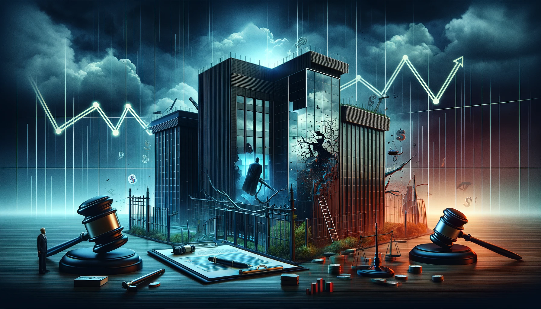 DALL·E 2024 02 05 15.02.09 Create a widescreen image that depicts the theme of a tech company experiencing a failed merger and acquisition MA due to government regulation re