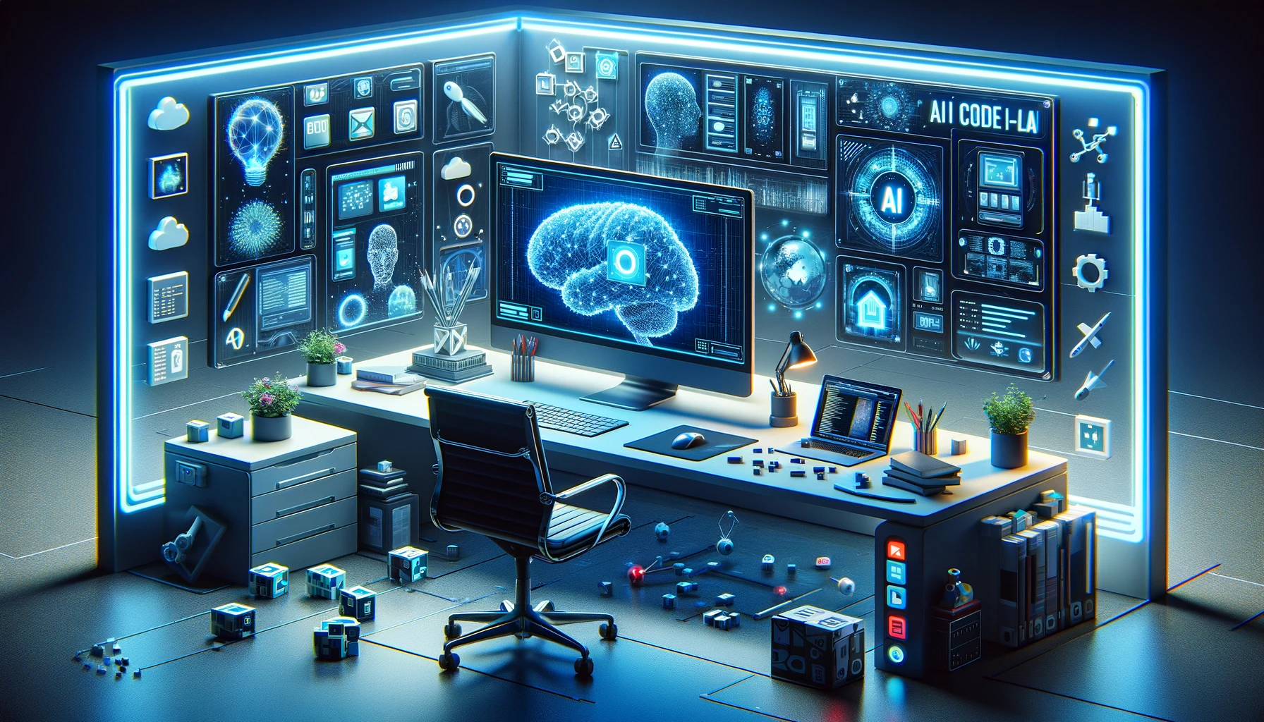 DALL·E 2024 02 05 15.21.59 Create a widescreen image that illustrates the integration of AI with No code Low code tools. Envision a futuristic workspace where artificial intelli