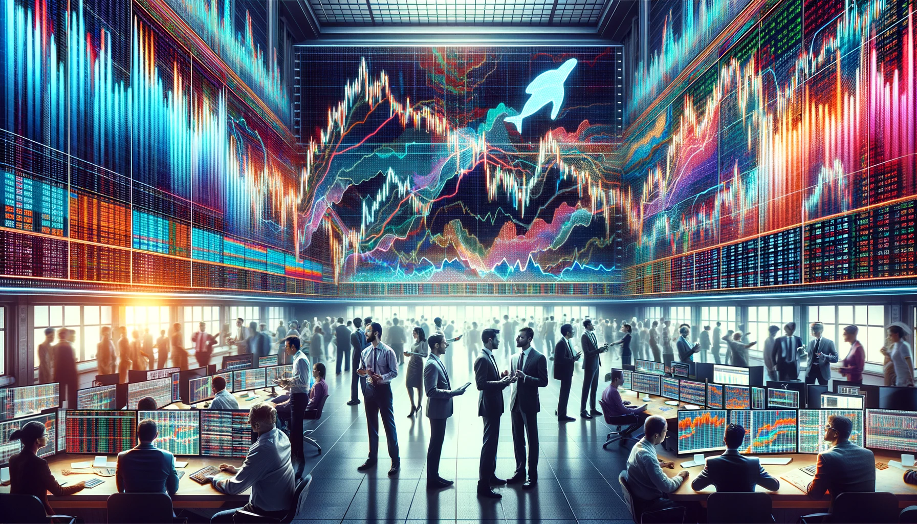 DALL·E 2024 02 06 18.17.27 Create a wide screen image of a stock trading scene that starkly contrasts in style from the previous futures trading image. This new scene should be