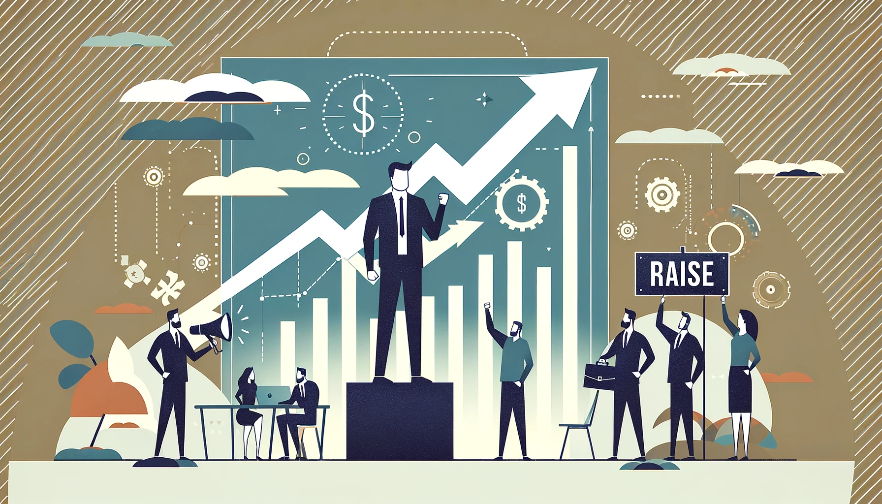 DALL·E 2024 02 07 09.34.03 Create a wide screen image with the theme of advocating for a raise using a minimalist style inspired by Flaticon. The image should depict a simple y