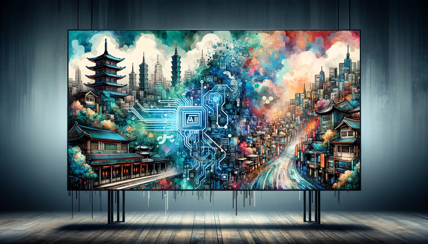 DALL·E 2024 02 29 13.53.03 A widescreen image that combines a modern and traditional aesthetic representing Taiwans small and medium sized enterprises SMEs strategizing for
