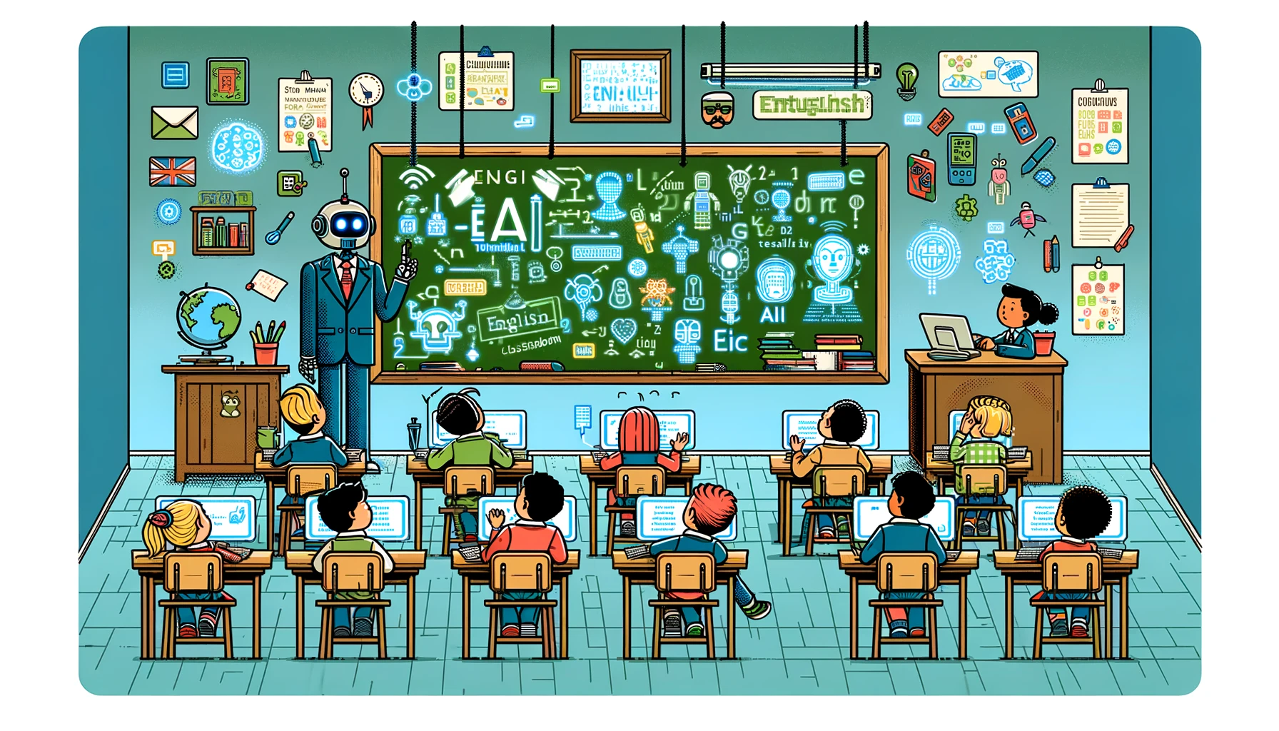 DALL·E 2024 03 06 15.34.14 Create a wide screen humorous comic style image depicting the theme Strategies for combining AI with traditional teaching methods to create an inter