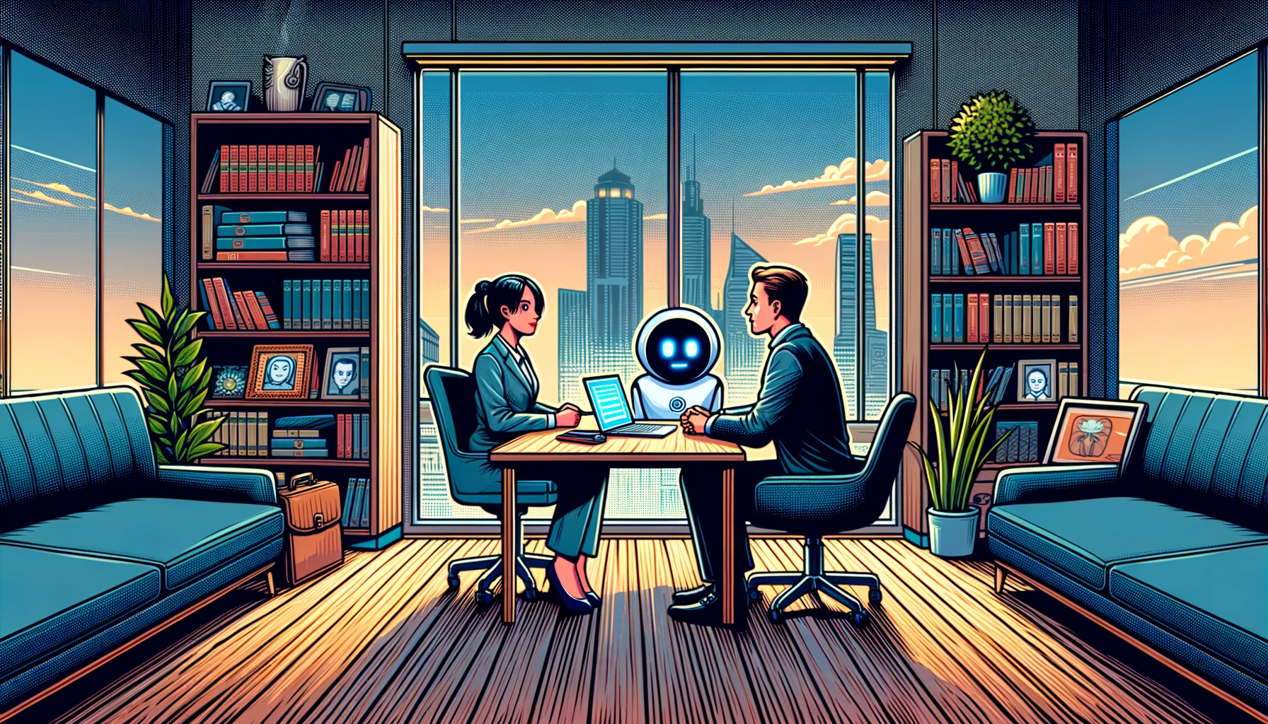 DALL·E 2024 03 06 15.58.00 Revise the wide screen humorous comic style image to fully utilize the space focusing on the theme In the age of AI let ChatGPT help with job inte