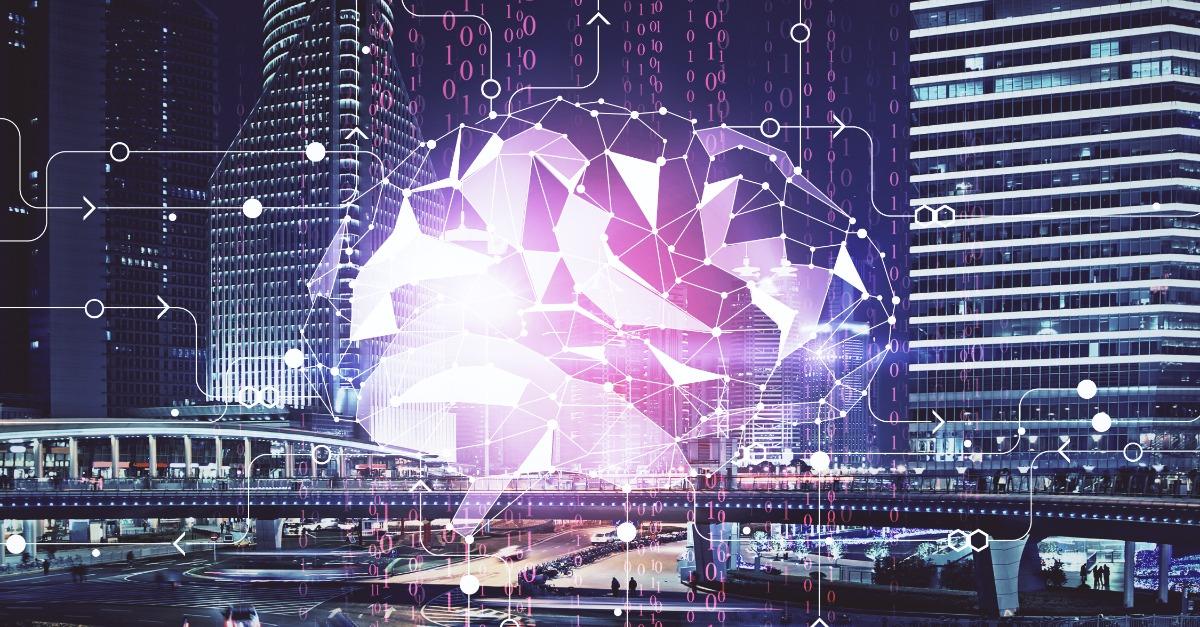 Brain hologram drawing on city scape background Double exposure. Brainstorming concept