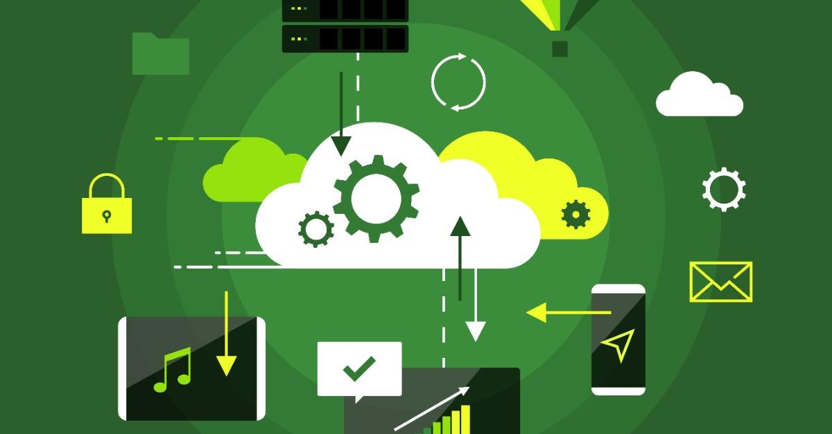 Cloud computing presentation infographic concept. Internet network technology interaction process in flat design style