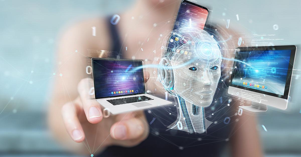 Businesswoman on blurred background using white humanoid controlling modern devices