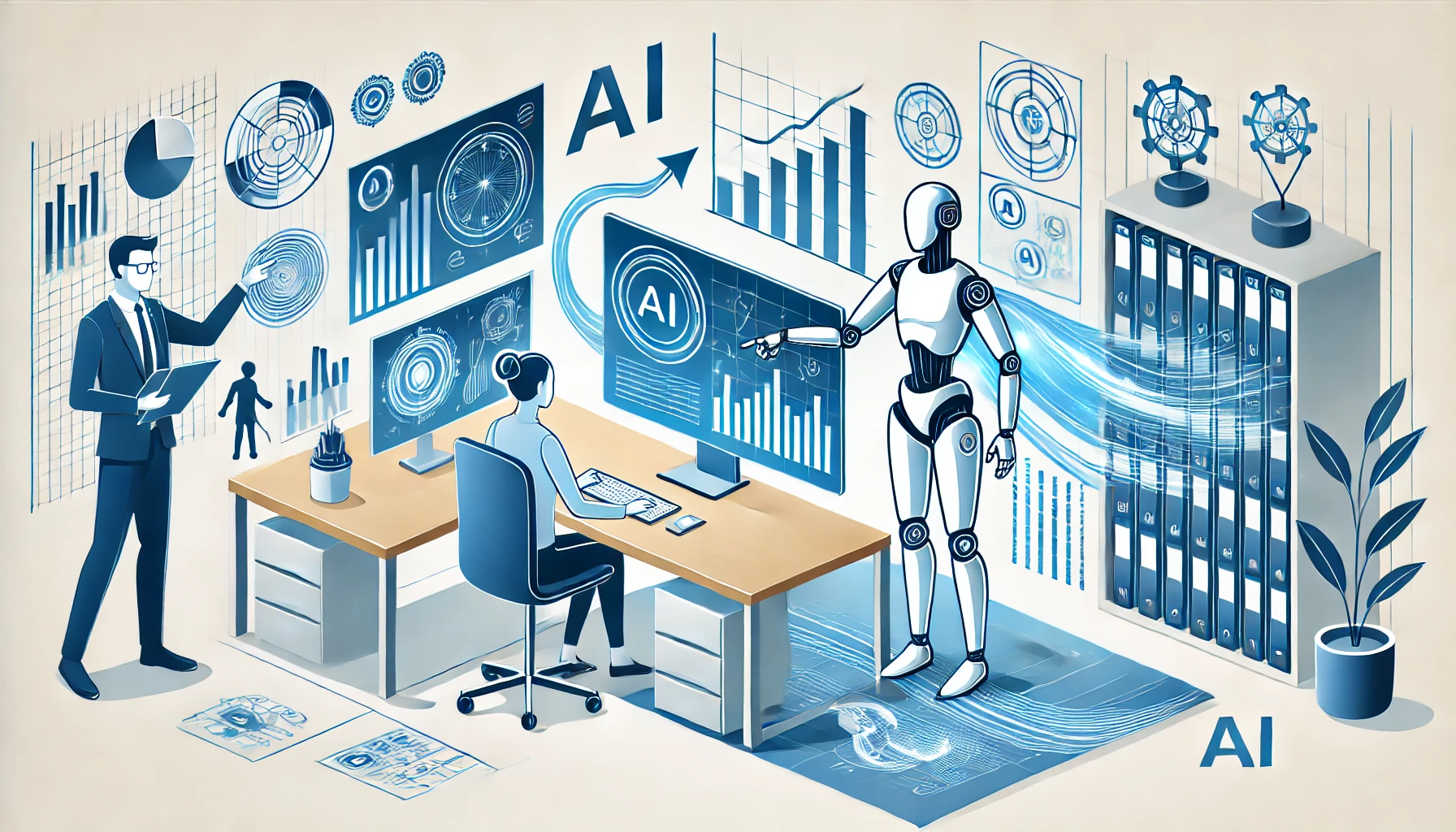 DALL·E 2024 11 21 12.01.18 A visually striking and simplified illustration showing the concept of AI transforming work processes. The image includes a futuristic office setup wh