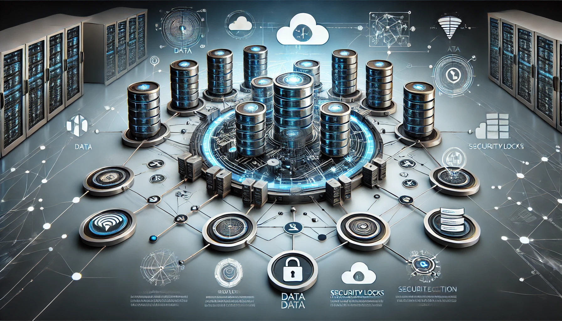 DALL·E 2024 11 22 15.48.32 A detailed visual representation of a database system. The image features a sleek and modern design with interconnected server racks data nodes and