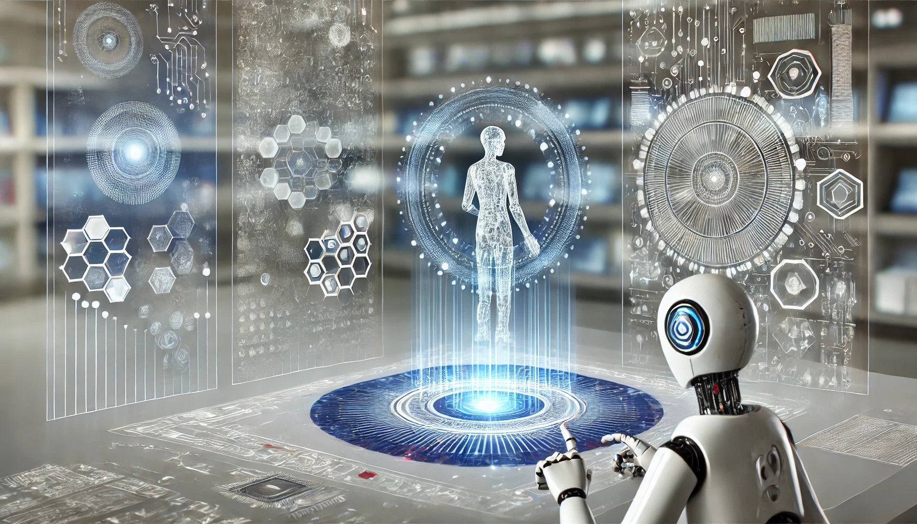 DALL·E 2024 12 06 10.17.18 A futuristic scene showcasing artificial intelligence in a sleek and modern technology environment. The scene features a glowing humanoid AI robot int