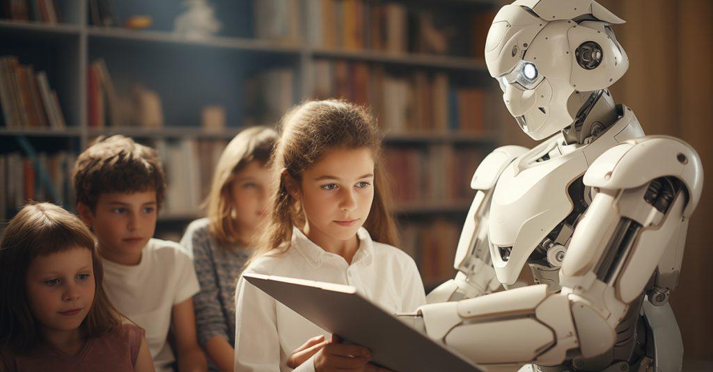 A humanoid robot interacts with a group of children in library