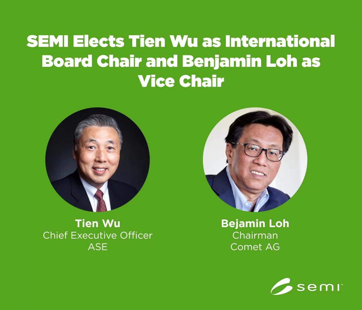 日月光投控執行長吳田玉接任SEMI國際董事會主席、Comet AG董事長Benjamin Loh接任副主席。(圖/SEMI提供)