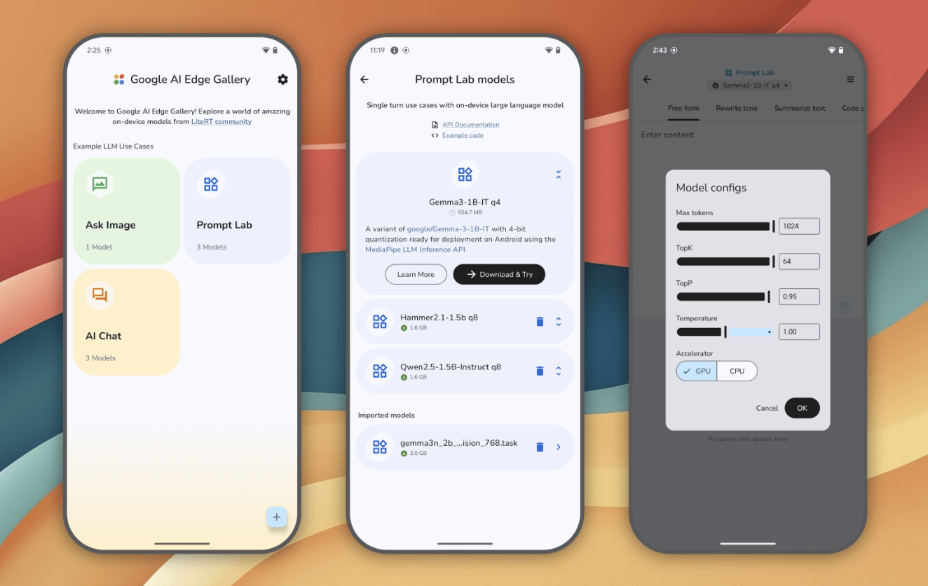 Google發布應用程式Google AI Edge Gallery,讓用戶可以直接在Android裝置上運行生成式AI模型。(圖/截取自Google)