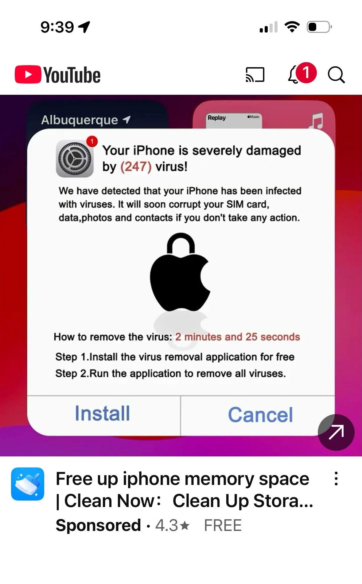 YouTube驚現iPhone「病毒」詐騙廣告 65歲以上年長者成鎖定目標 2 Fake antivirus software notification from YouTube