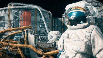 An astronaut stands beside his lunar rover at the space moon base. View of the lunar surface and lunar colony. 123rf