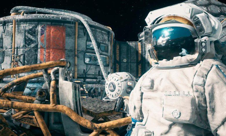 An astronaut stands beside his lunar rover at the space moon base. View of the lunar surface and lunar colony. 123rf