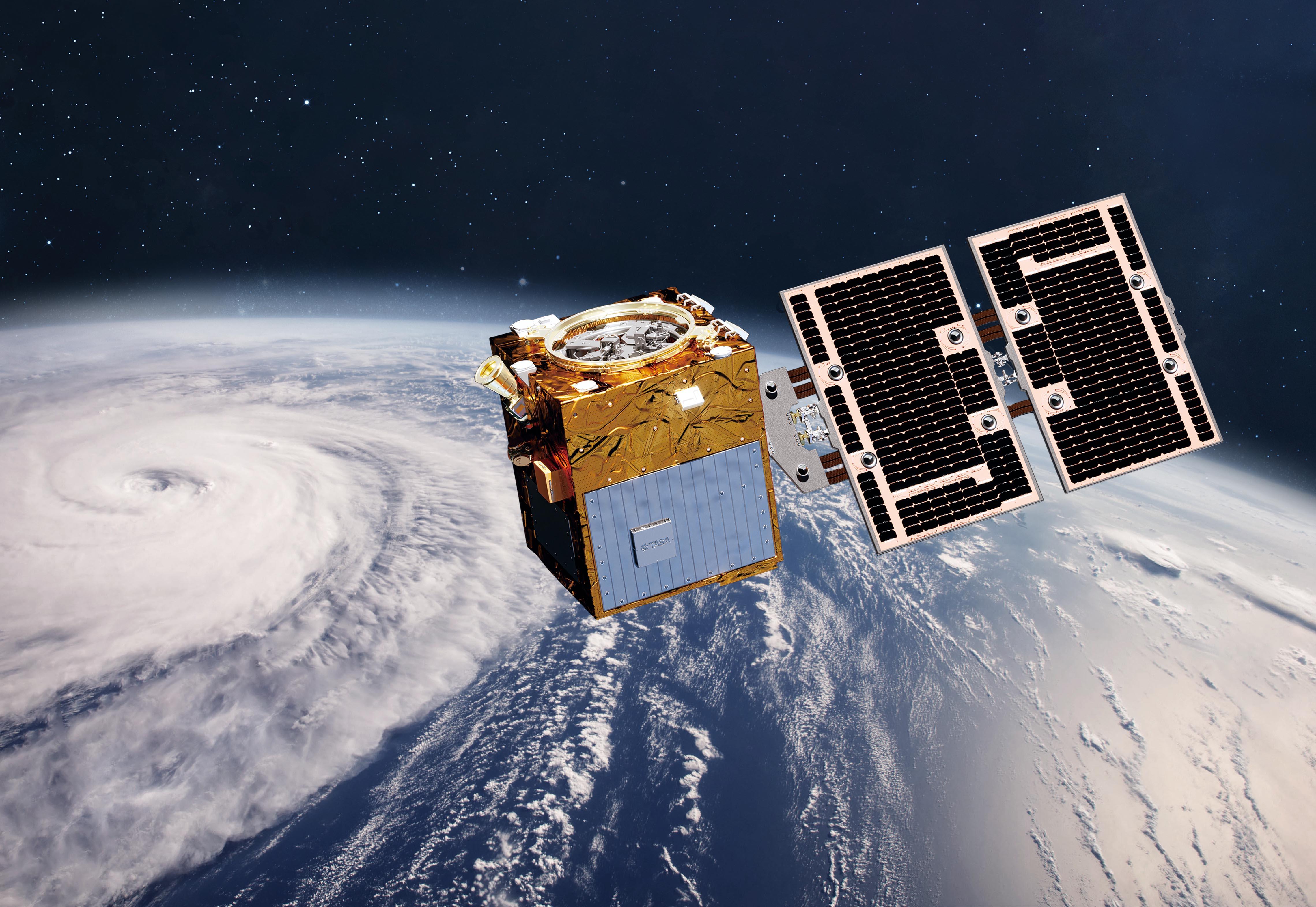 獵風者為台灣第一顆自製氣象衛星，2023年10月升空入軌，2024年5月釋出風速資料，今年8月起資料升級，增加風速資料豐富度及精準度，有助提升氣象預報準確度。圖為獵風者衛星在軌模擬圖