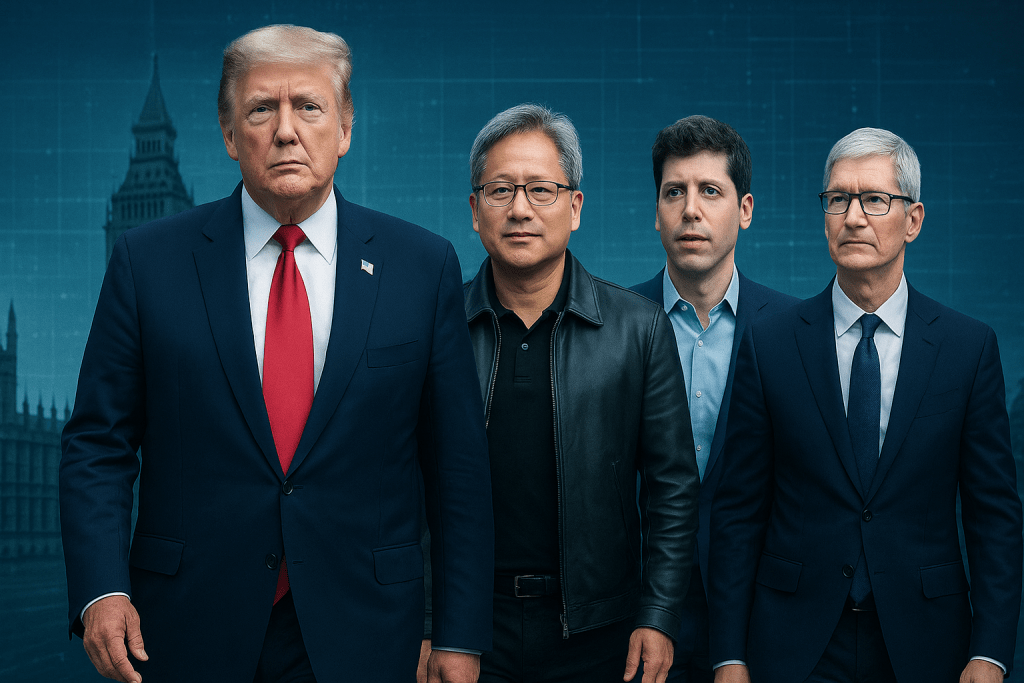 科技產業系列報導/求職不怕 面試也有小撇步 科系不限 打開視野去圓夢 9 美國總統川普即將出訪英國,據傳輝達執行長黃仁勳、OpenAI執行長奧特曼、蘋果執行長庫克將隨行。(圖/AI生成)