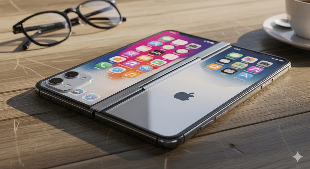 傳蘋果公司正積極推進首款摺疊iPhone的研發，並計畫今年9-10月在台灣進行試產。（圖／AI生成）