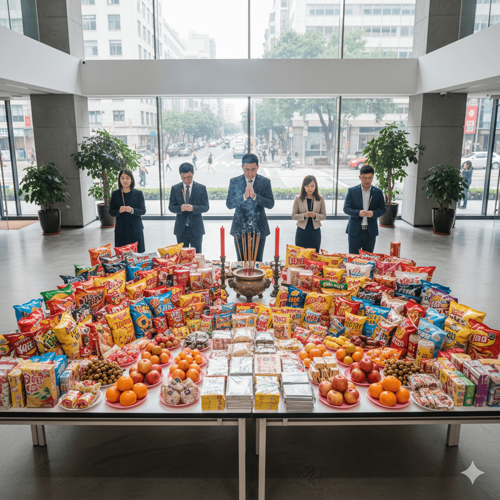 普渡桌上的供品其實可視為「食物線索」。當食物氣味、外觀或味道與進食行為產生連結時，大腦會形成記憶並建立條件反射。（圖／AI生成）