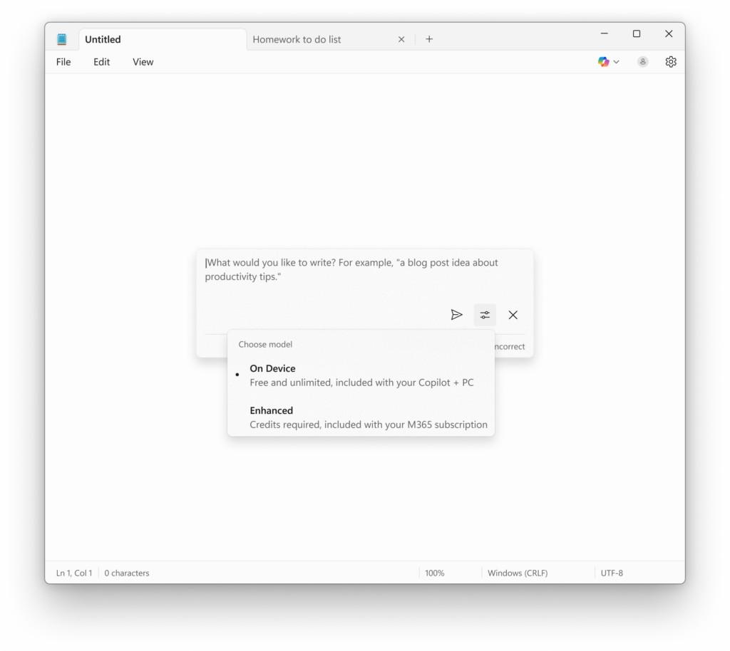 Notepad showing Write prompt with the ability to use the local model on your Copilot PC without a subscription