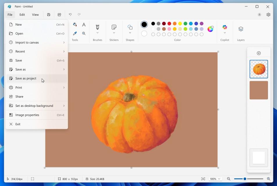 Paint app screenshot of pumpkin and saving as a project file