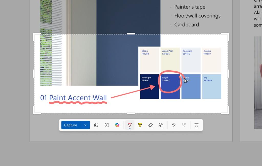 Snipping Tool Quick markup toolbar with a screenshot of color swatches. A single color is circled with the pen tool using Quick markup to bring attention to it