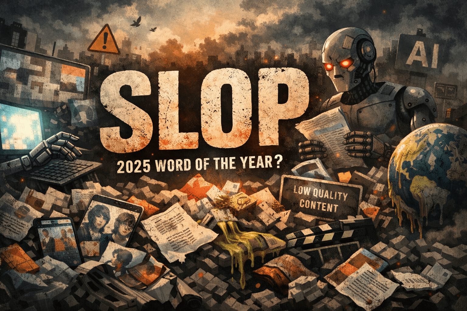 「Slop」（譯：劣質AI內容）被選為2025年的年度代表字。（圖／AI生成）