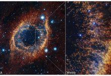 這張由可見光與紅外線天文望遠鏡（Visible and Infrared Telescope for Astronomy）拍攝的赫利克斯星雲（Helix Nebula）影像（左）展示了整個行星狀星雲的全景，而影像中的方框則標示了詹姆斯‧韋伯太空望遠鏡（James Webb Space Telescope, JWST）近紅外相機（NIRCam）拍攝的較小視野範圍（右）。（圖／NASA, ESA, CSA, STScI, A. Pagan (STScI)）