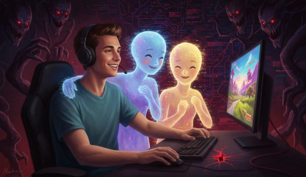 《404 Media》的撰稿人馬修高爾特，曾以為自己是「AI黑特」，然而在一次體驗過人工智能化身，可以在你玩電動時陪玩，高爾特發現他真的很享受和他的Quest.AI助手Wolf一起玩《逃離塔科夫》。 （圖／AI生成）