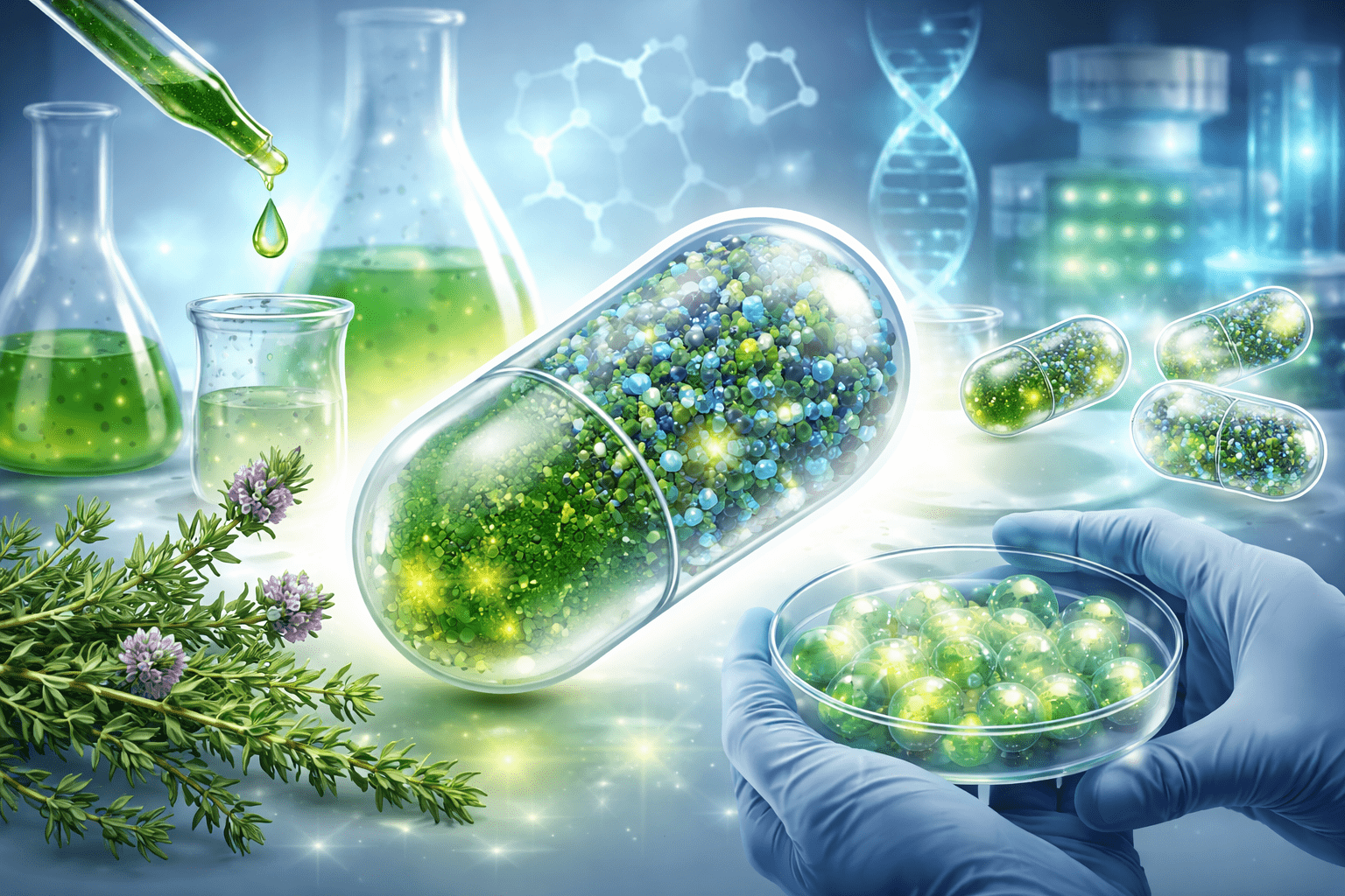 一種全新的微膠囊封裝技術，能將百里香萃取物轉化為穩定且精準的奈米劑量。（圖／AI生成）