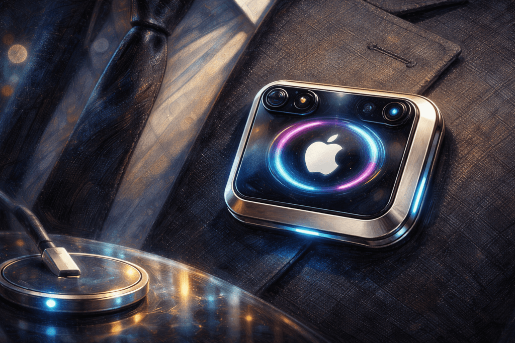 精選 7 近日最新消息指出,蘋果(Apple)正秘密投入開發一款搭載「Apple Intelligence」的穿戴式 AI 胸針(AI Pin),試圖在這一新興市場領域重塑成功模式,尺寸大小約略和AirTag相近。(圖/AI生成)