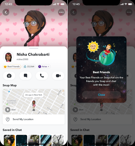 作為Snapchat+ 會員，在好友個人資料頁面上會看到一個帶有金色圓環的「最佳好友」徽章，表示他們是你在 Snapchat 和聊天中最常聯繫的八位朋友之一。（圖／取自snapchat官網）
