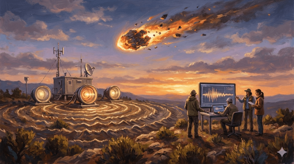 精選 7 當太空碎片進入大氣層時,會產生音爆,地面儀器通常專注於監測下方發生的事情:地震感測器監測著我們這顆躁動不安的星球內部的震動,而地面儀器可以探測到這些音爆。(圖/AI生成)