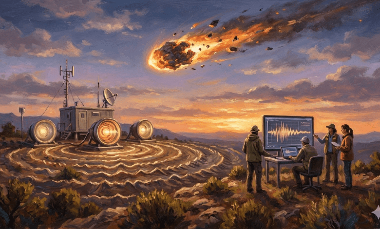 當太空碎片進入大氣層時，會產生音爆，地面儀器通常專注於監測下方發生的事情：地震感測器監測著我們這顆躁動不安的星球內部的震動，而地面儀器可以探測到這些音爆。（圖／AI生成）