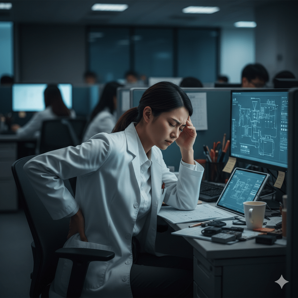 竹科一名32歲女工程師，最近因工作壓力，身體開始出現莫名疼痛，症狀反覆且逐漸加劇。（圖／AI生成）