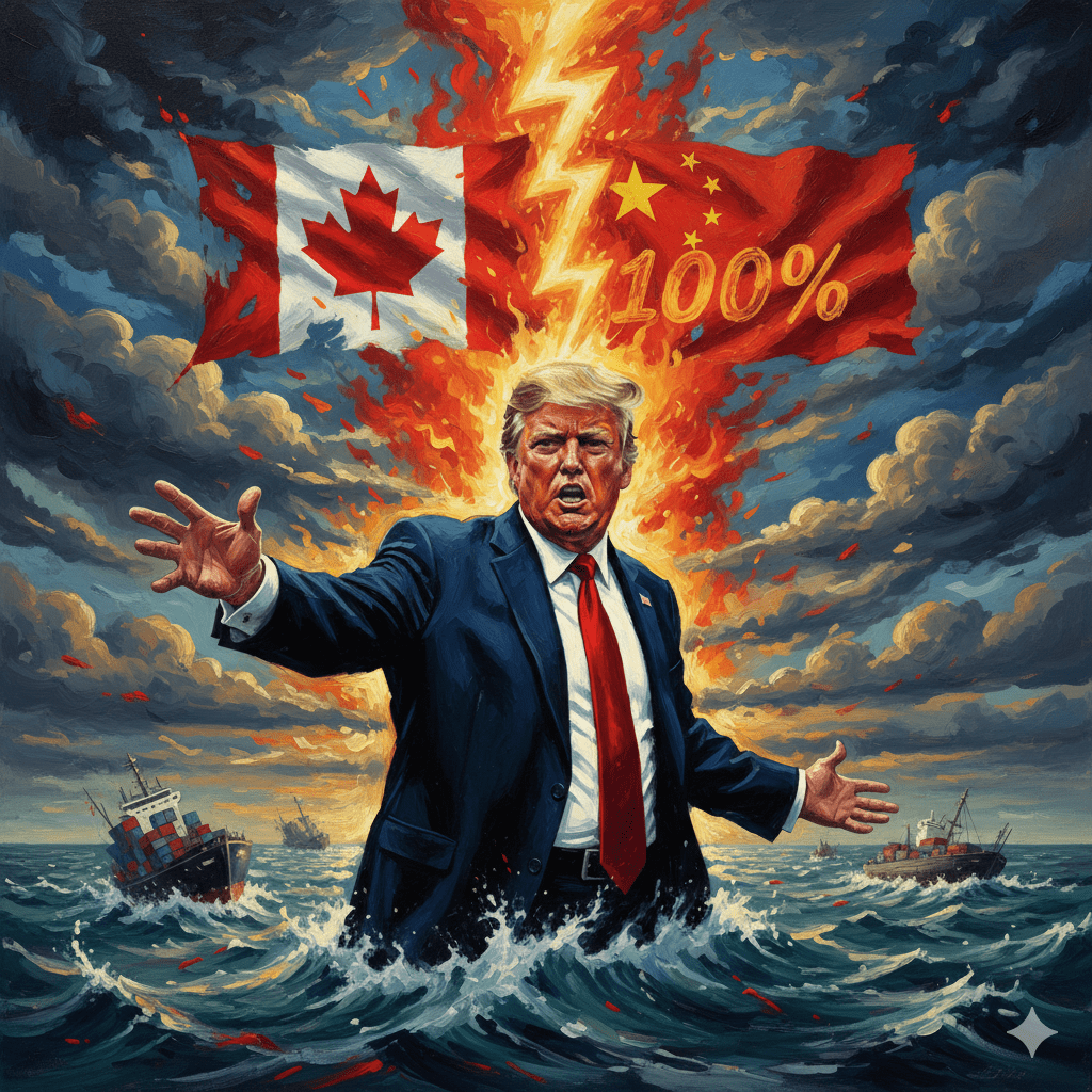 川普表示：“如果卡尼州長認為他能把加拿大變成中國向美國輸送貨物和產品的‘轉運港’，那他就大錯特錯了。”（圖／AI生成）