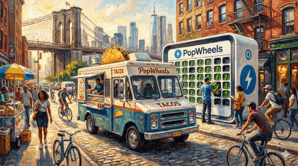 餐車車主不用再忍受廢氣了！PopWheels目前在曼哈頓週邊營運30個充電櫃，為騎乘電動自行車的零工人員提供服務。（圖／AI生成）