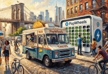 餐車車主不用再忍受廢氣了！PopWheels目前在曼哈頓週邊營運30個充電櫃，為騎乘電動自行車的零工人員提供服務。（圖／AI生成）